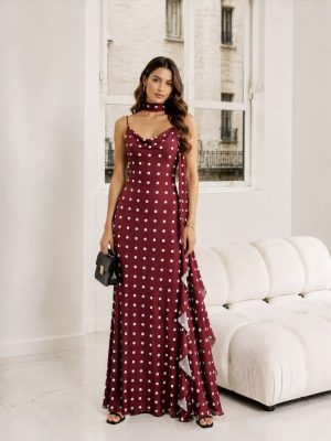 Vestido longo tule poá com babado lateral